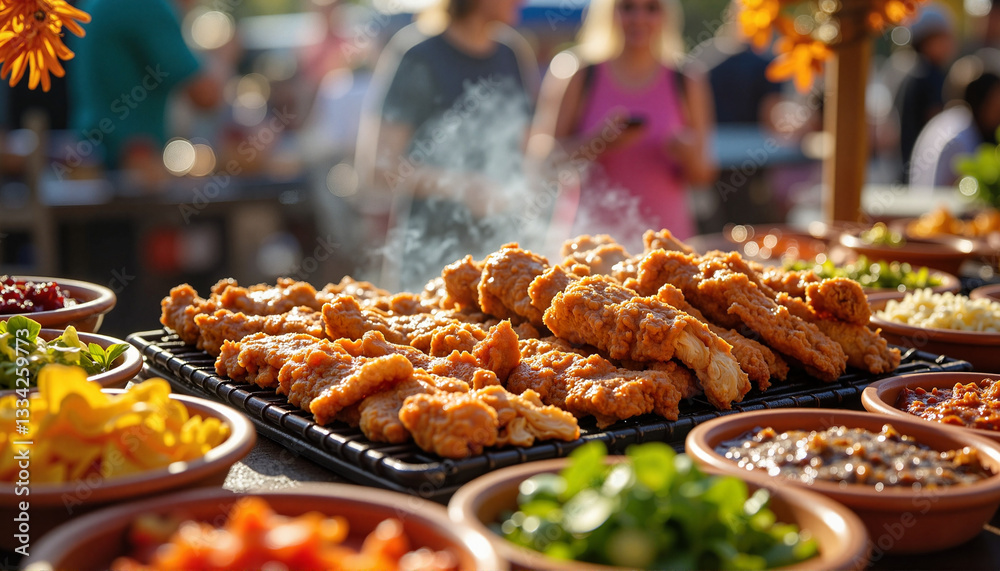 Obraz premium Vibrant food display at bustling street taco stand, culinary delight