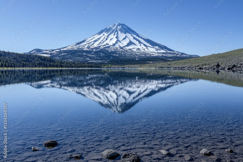 A snow-capped mountain majestically reflected in a serene, crystal-clear lake. A snow-capped mountain majestically reflected in a serene, crystal-clear lake.