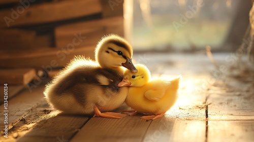 Two adorable yellow ducklings cuddling on wooden floor in warm sunlight. Farm animal care and nurturing concept. Spring season and new life symbolism for greeting card. photo