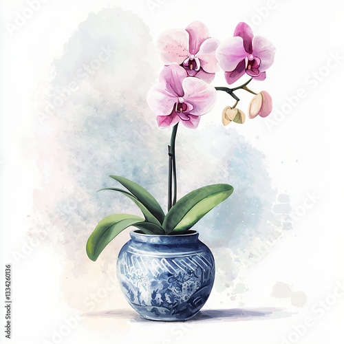 Pink Orchid in Blue and White Pot Watercolor Painting