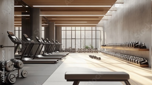 A high-end gym with a clean minimalist design, featuring neatly arranged dumbbells and weight racks.