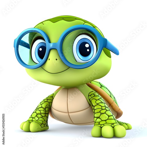 Cute Cartoon Green Turtle Wearing Blue Round Glasses on White Background