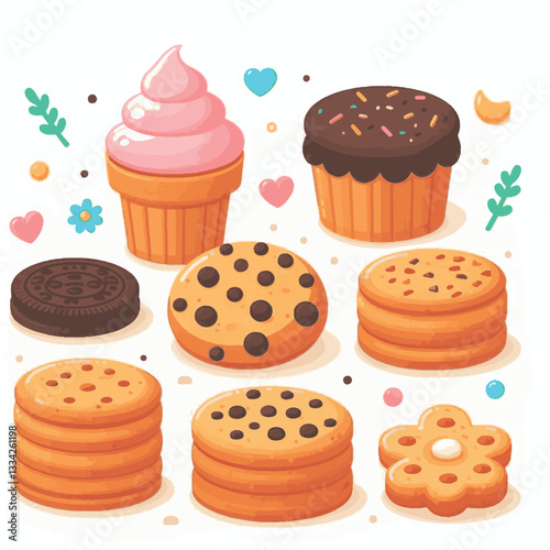 dessert, cookie, food, biscuit, sweet, bakery, background, chocolate, delicious, snack, homemade, brown, isolated, candy, pastry, cake, bake, chip, tasty, breakfast, fresh, treat, closeup, sugar, vect