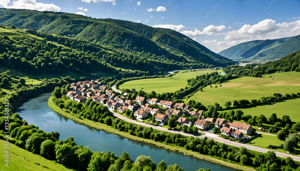 Fototapeta premium Le village au bord du fleuve