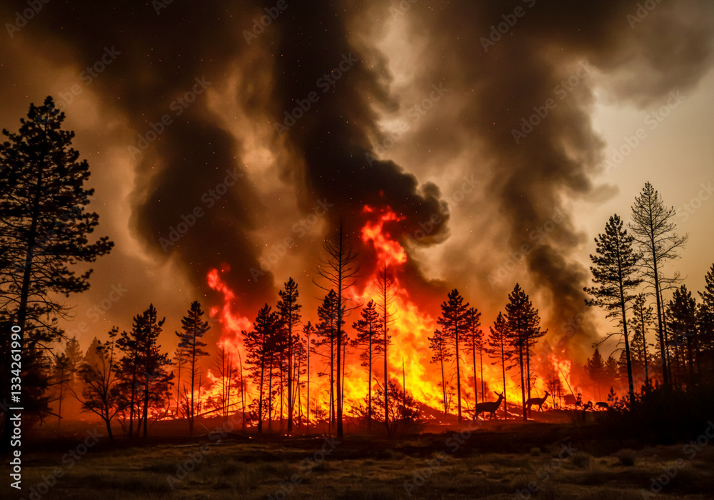 Fototapeta premium 自然の猛威 - 山火事の脅威と動物たち