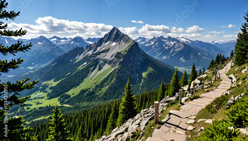 Le sentier de montagne qui serpente à travers les paysages verdoyants et rocheux.