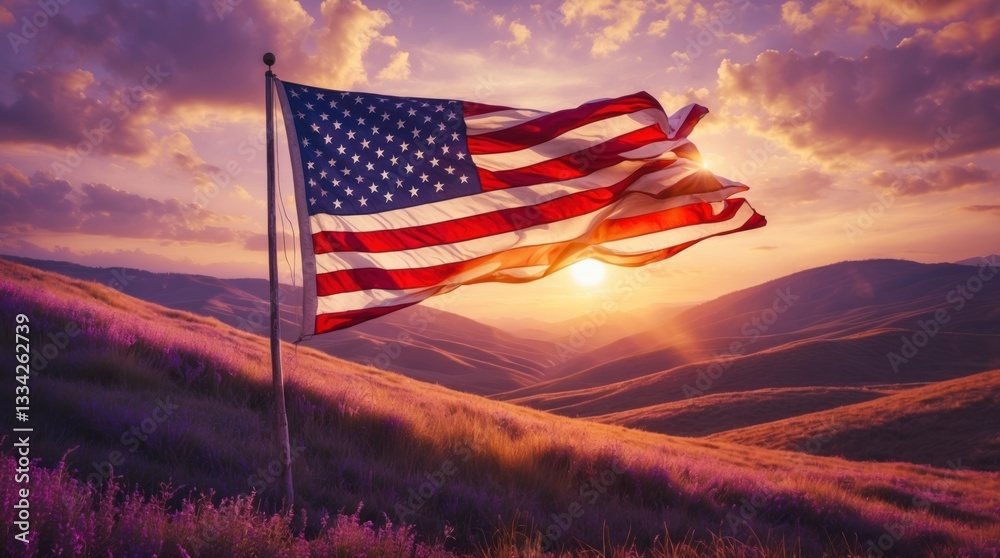 Obraz premium American Flag Sunset Landscape Photography