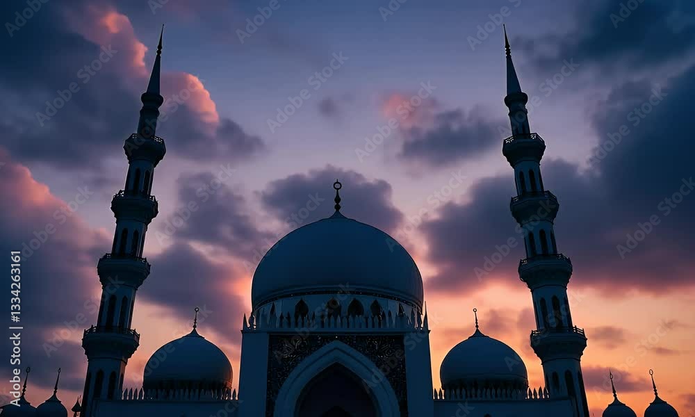 Majestic mosque silhouette at sunset, dramatic cloudscape backdrop. Ideal for religious, travel, or cultural publications