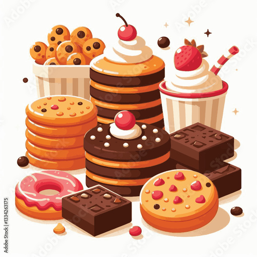 dessert, cookie, food, biscuit, sweet, bakery, background, chocolate, delicious, snack, homemade, brown, isolated, candy, pastry, cake, bake, chip, tasty, breakfast, fresh, treat, closeup, sugar, vect