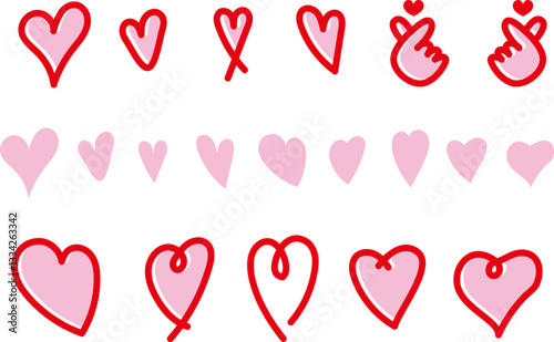 ラフな手描きハートのセット ピンク