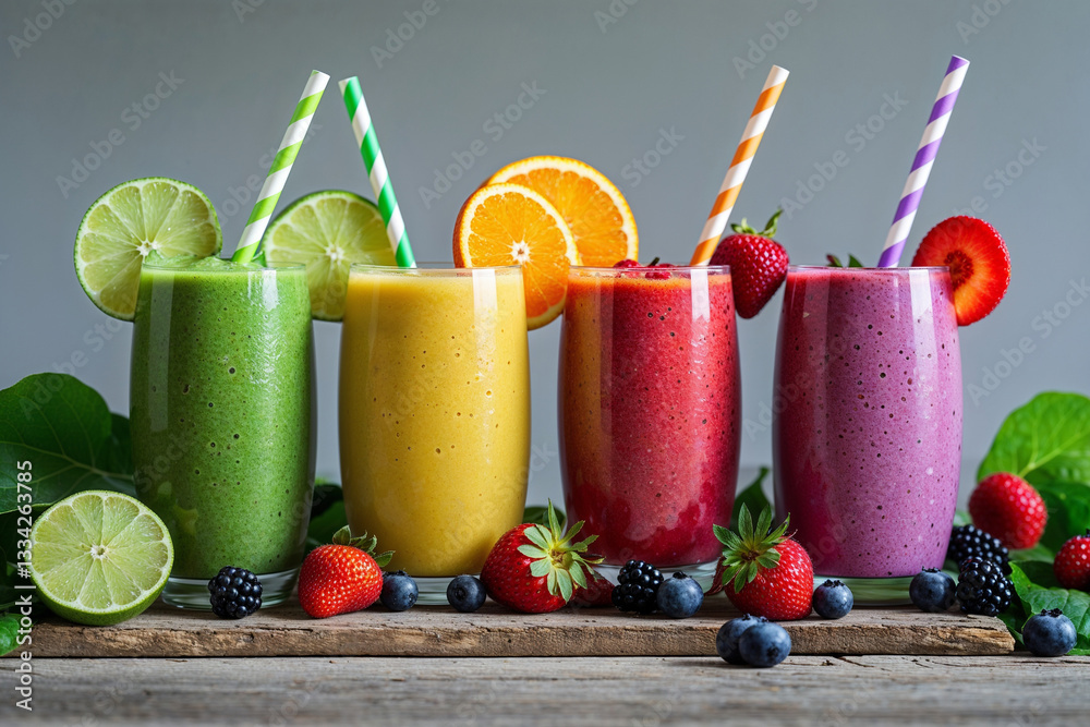 Savor a rainbow of healthy fruit smoothies, each with vibrant colors and fresh fruit garnishes, presented in clear glasses with striped straws on a rustic wooden board Savor a rainbow of healthy fruit smoothies, each with vibrant colors and fresh fruit garnishes, presented in clear glasses with striped straws on a rustic wooden board