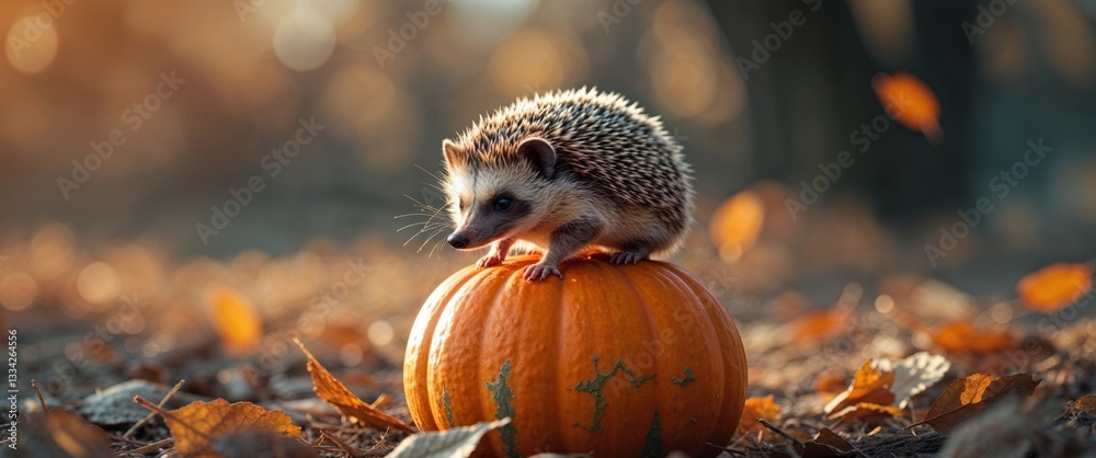 Obraz premium Small hedgehog perched on a bright orange pumpkin in a serene outdoor setting during autumn.