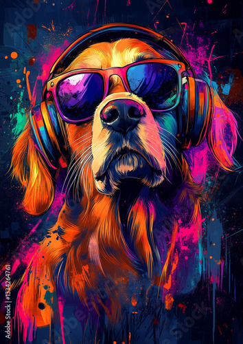 Cool artistic digital painting of a dog wearing sunglasses and headphones, colorful abstract graffiti-style design, modern pop art, trendy fashion animal portrait with neon vibes