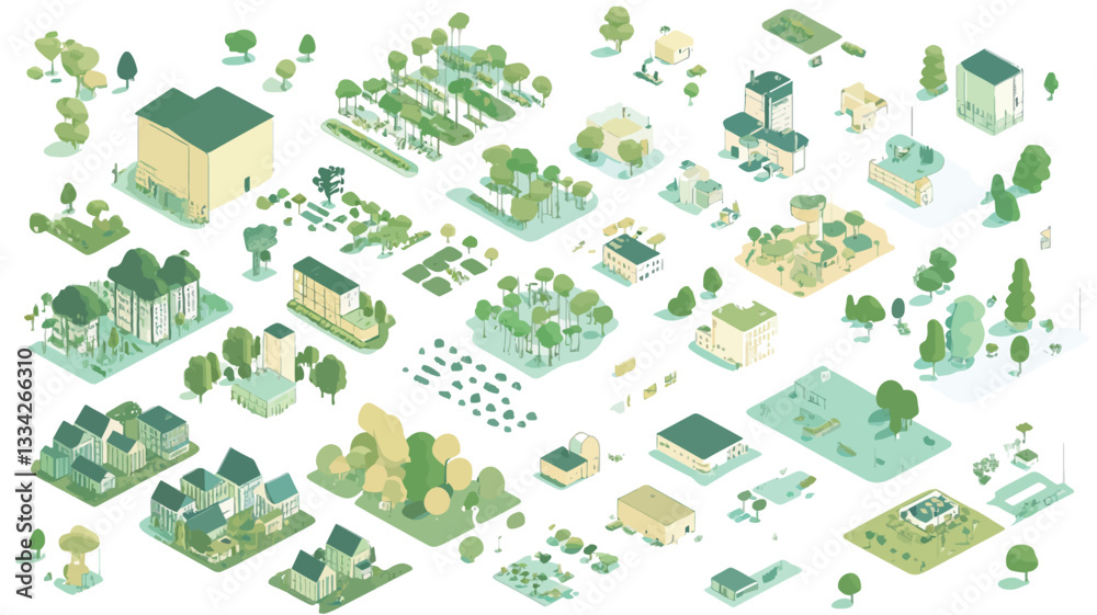 The image is a digital illustration showing a collection of isometrically rendered landscape elements. These include various types of trees, shrubs, houses, gardens, and other landscape features.