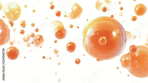 The image shows numerous orange bubbles of varying sizes against a pure white background. The bubbles are translucent, exhibiting a glossy sheen and suggesting a liquid or viscous substance.  They