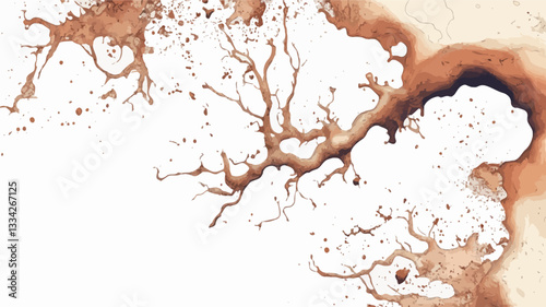 Close-up detail of an abstract image featuring brown ink splotches and stains on a white background. The ink appears to be irregularly distributed, creating a pattern of flowing lines and shapes