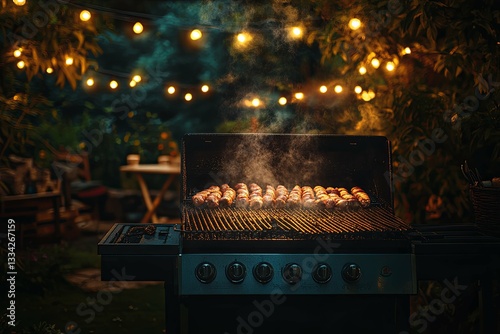 A backyard barbecue grill is cooking food at nighttime with lights
