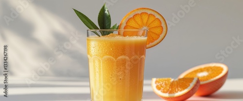 Fresh summer orange juice with ripe orange slices and a hint of grapefruit