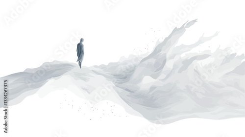 The image is a grayscale abstract composition. A small, dark, human-like silhouette stands on a raised portion of a large, billowing form resembling smoke or a cloud.  The smoke-like form dominates