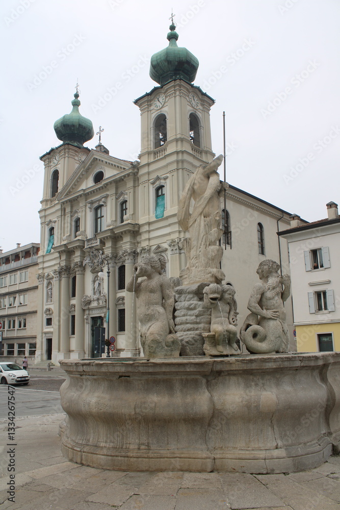 Naklejka premium Gorizia, Italy: St. Ignatius Church, located on Piazza della Vittoria. Southern Europe. Gorizia is European Capital of Culture 2025, together with Nova Gorica, Slovenia. 