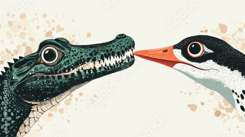Close-up illustration of a crocodile and a bird. The crocodile is depicted in dark green with visible teeth and large eyes; the bird has black and white plumage and an orange beak.  The style