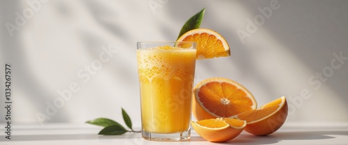 Fresh summer orange juice with ripe orange slices and a hint of grapefruit.