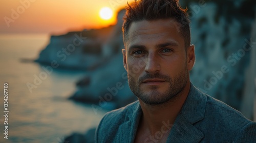 Handsome Man at Sunset on Coastal Cliffs