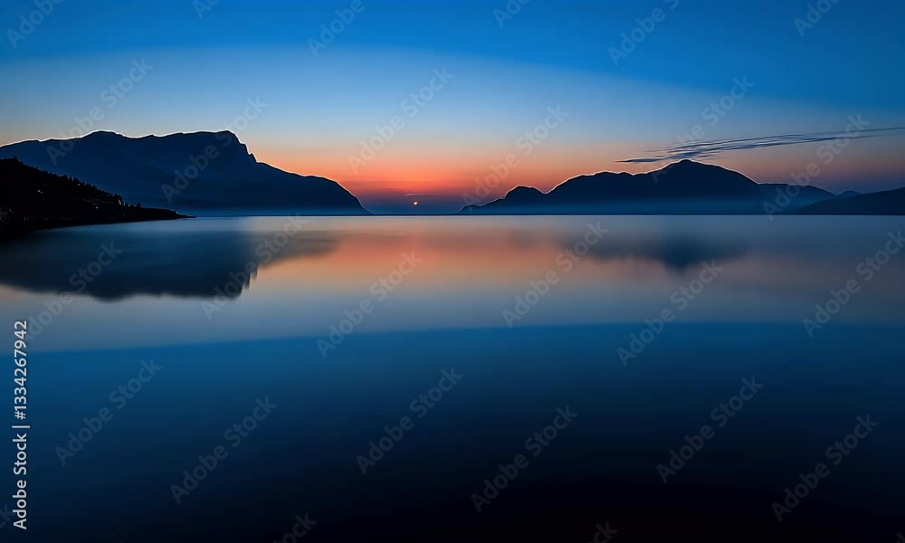 Serene sunrise over calm lake, mountains reflecting in still water; ideal for travel or nature websites Serene sunrise over calm lake, mountains reflecting in still water; ideal for travel or nature websites