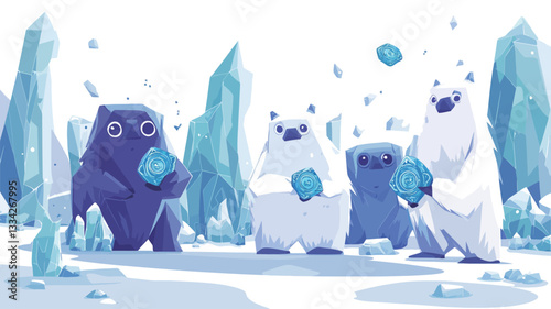A digital illustration depicting four stylized polar bears in a snowy landscape. Two bears are purple, one is white, and one is a light grey-blue.  The bears are cartoonish in style with simplified