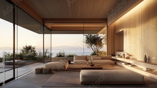 A minimalist beach house living room featuring panoramic windows, soft lighting, and elegant wooden accents.
