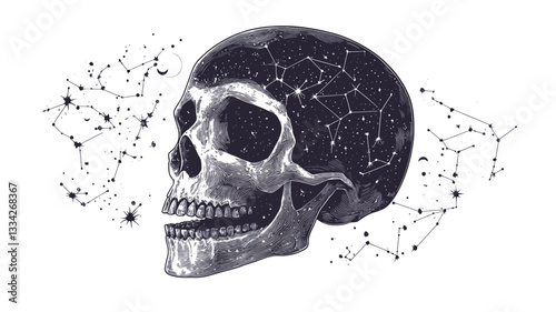 A monochrome illustration of a human skull in profile view.  The inside of the skull is filled with a detailed representation of a star field or constellation pattern.  Smaller constellations or