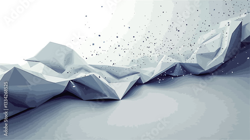 The image depicts a 3D rendering of abstract geometric forms. Predominantly white and light gray in color, the shapes are characterized by folds and creases, creating a sense of texture and depth.