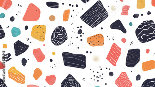 Seamless repeating pattern featuring an abstract terrazzo design. The pattern consists of various shapes and sizes of irregularly shaped colorful fragments on a white background.  The colors are