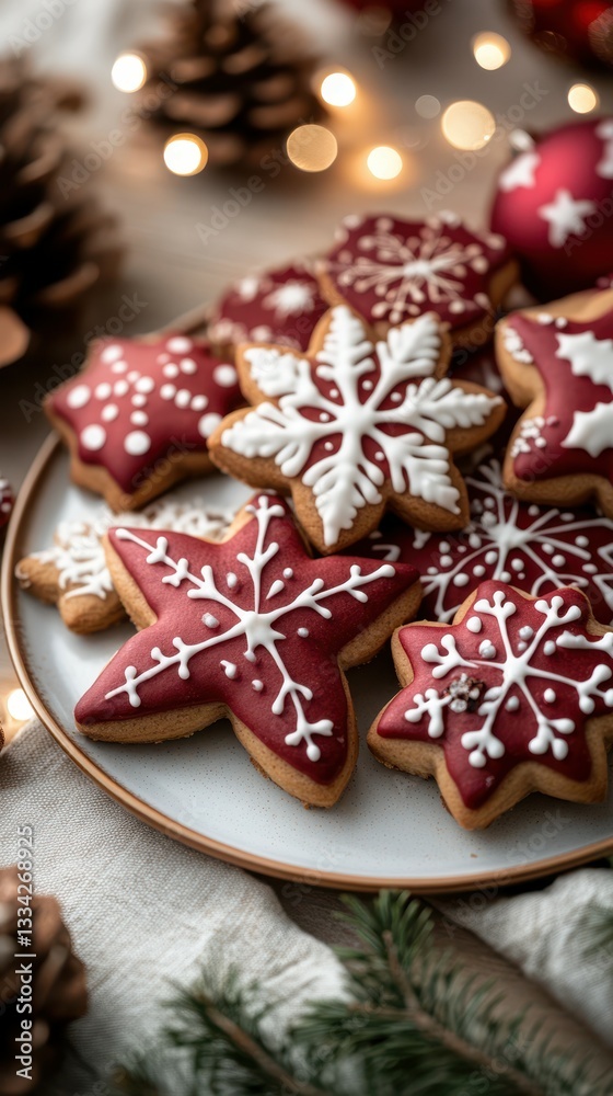 Festive holiday cookies decorated with red and white icing placed on a plate surrounded by Christmas decorations Festive holiday cookies decorated with red and white icing placed on a plate surrounded by Christmas decorations