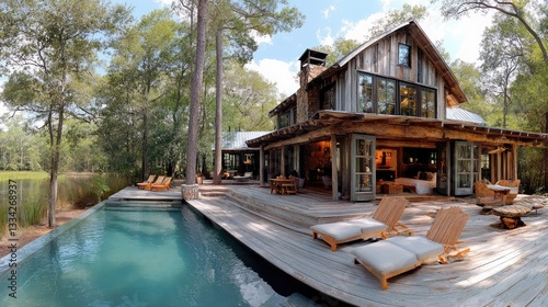 Wallpaper Mural Rustic wooden house with a pool in a tranquil natural setting Torontodigital.ca