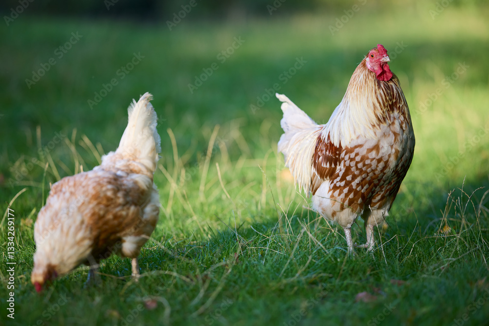 Fototapeta premium Two chickens standing on green grass. One is pecking at the ground while the other looks forward. The scene has patches of sunlight highlighting their white and brown feathers.