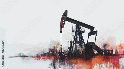 An abstract watercolor painting depicting an oil pump jack in silhouette against a background of blurred orange and red washes suggesting a landscape. The pump jack is centrally positioned and
