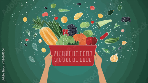 A digital illustration depicting a red plastic shopping basket overflowing with a variety of fresh fruits and vegetables.  The produce is depicted in a stylized, slightly cartoonish manner, with