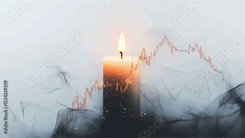 Close-up shot of a single, lit candle with a dark colored wax exterior.  The candle is partially obscured by swirling gray smoke which creates an abstract texture. A thin, light-colored, abstract