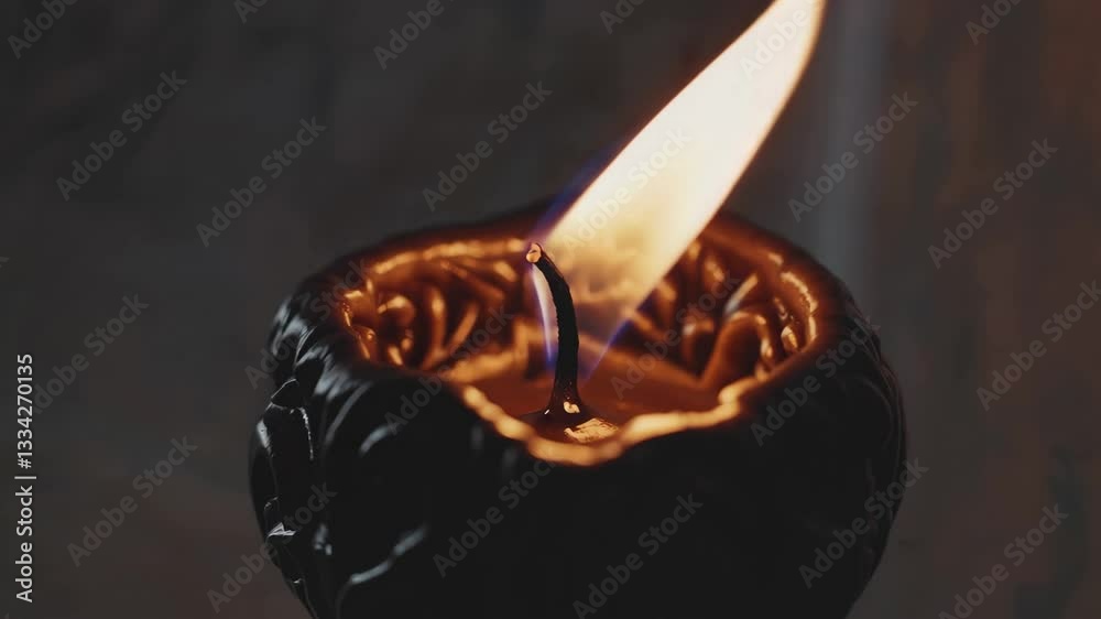 Burning black candle with intricate carvings, warm glow. Relaxation and ambiance concept