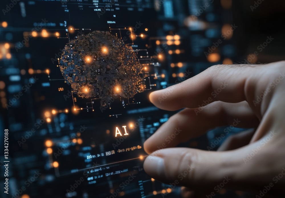 A hand is touching a screen with the word AI on it A hand is touching a screen with the word AI on it