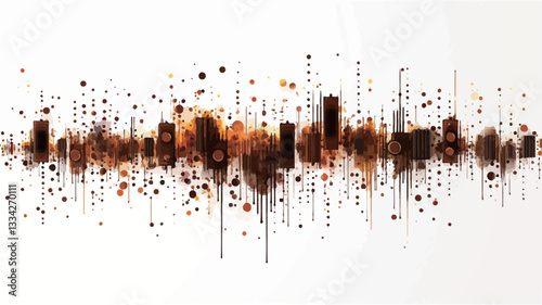 The image presents an abstract representation of a cityscape rendered in shades of burnt orange and brown against a white background.  The style suggests watercolor or paint splatter techniques.