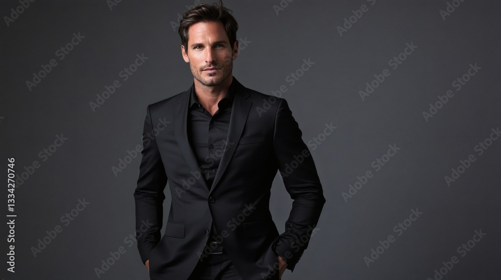Fototapeta premium A handsome man wearing a black suit posing confidently