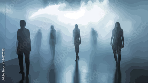 The image shows five dark silhouettes of human figures walking away from the viewer in a space filled with thick fog or mist. The figures are largely indistinct, their details obscured by the