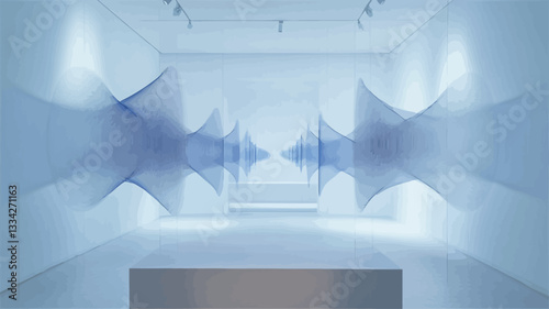 The image shows a minimalist, white gallery interior featuring a symmetrical abstract light installation.  The installation consists of multiple light blue, translucent, geometric forms arranged in