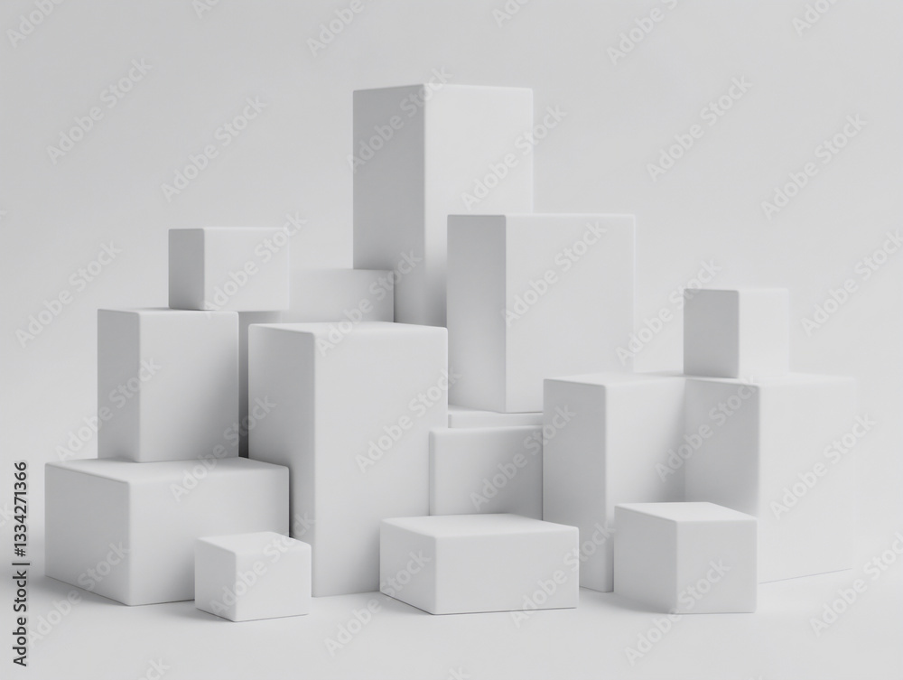 3d rendering of white cube boxes stacked in different shapes and sizes, 3d rendering of white cube boxes stacked in different shapes and sizes,