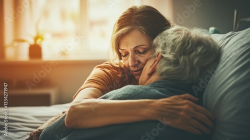 Daughter supporting her terminally ill mother lying on hospital bed, hospice