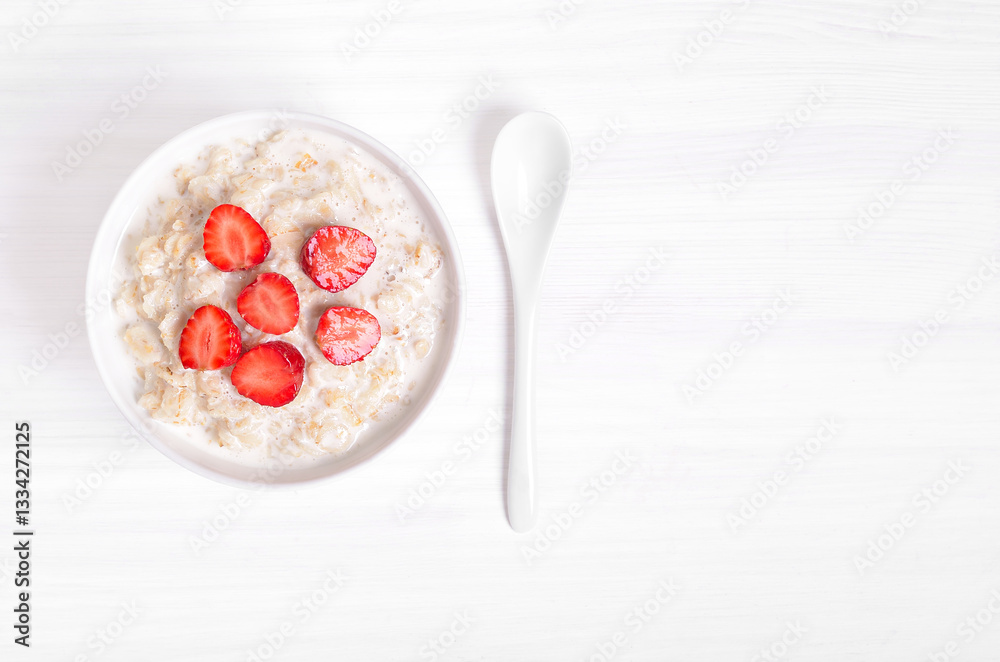 Tasty oatmeal with strawberry slices in bowl Tasty oatmeal with strawberry slices in bowl