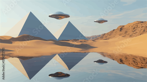 A digital rendering depicting two large pyramids situated in a desert landscape.  A calm body of water reflects the pyramids and several unidentified flying objects (UFOs) hovering above. The sand