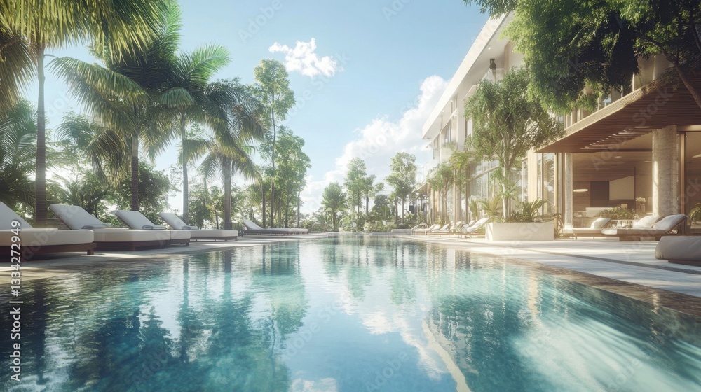 Fototapeta premium Luxury hotel swimming pool with crystal-clear water, surrounded by palm trees and elegant lounge chairs under the sun.